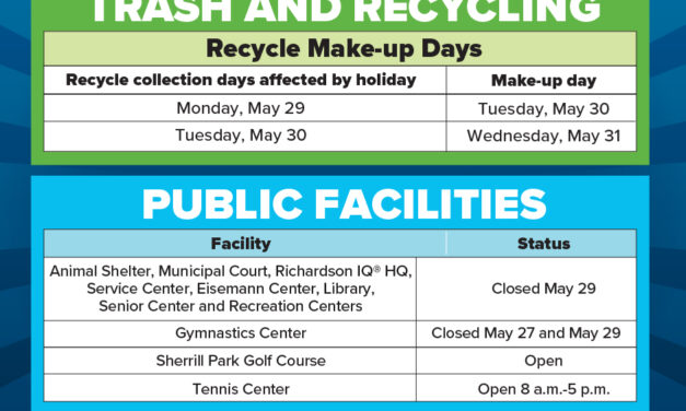 Trash, Recycling and Facility Schedule for the Memorial Day Holiday