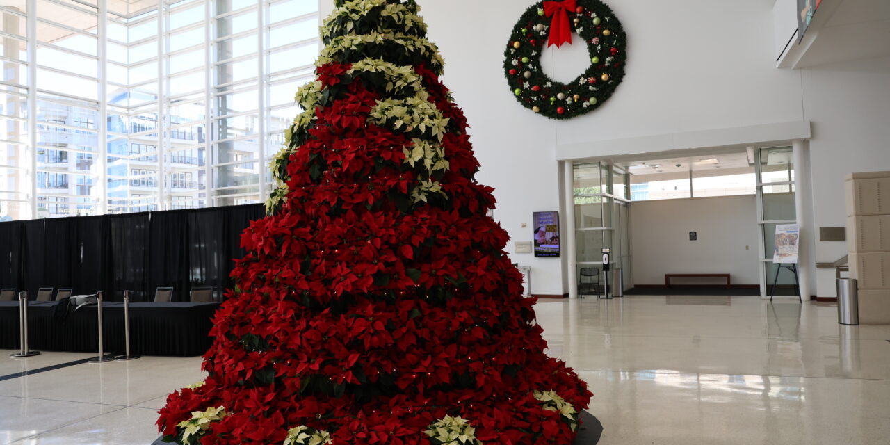 Poinsettia Tree Ready for Photos at Eisemann Center 