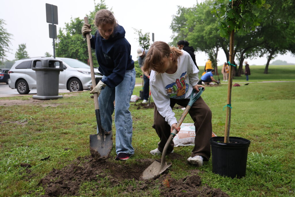 Two women digging a hole to plant a tree