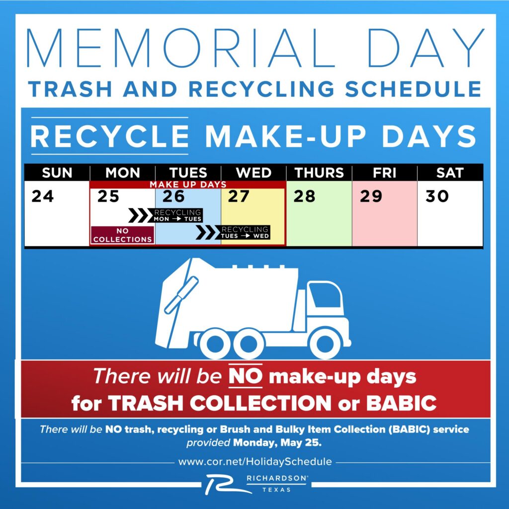 Trash, Recycling Schedule Changes for Memorial Day Holiday