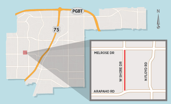 Map of West Shore Drive between Arapaho Road and Melrose Drive